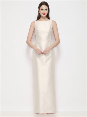 Ivory satin maxi dress with bateau neckline, sleeveless column silhouette and pleated waist