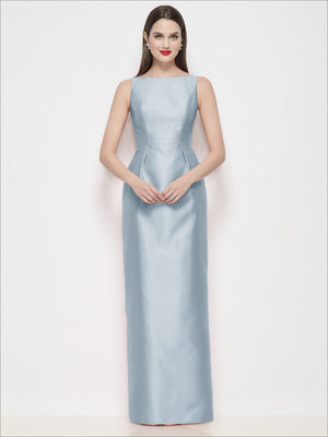 Light blue satin maxi dress with bateau neckline, sleeveless column silhouette