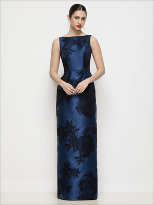 Bateau-neck satin maxi dress, dark navy, flocked floral print, pleated column skirt