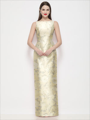 Floral satin maxi dress, sleeveless boat neck; pleated column skirt in pale yellow.