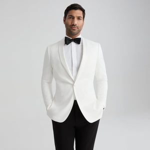 Ivory shawl-lapel tuxedo jacket with satin lapels, single-breasted front.
