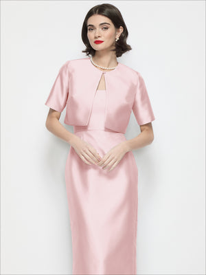 Blush pink satin cropped jacket with jewel neckline, short sleeves, and open front overlay