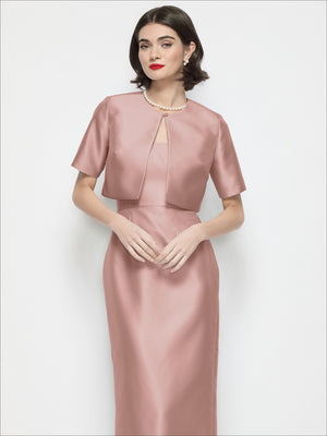 Jewel-neck cropped satin jacket in blush-pink satin with matching long skirt, front view