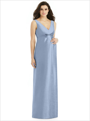 Light blue sleeveless satin twill maternity maxi dress with V-neck waist bow detail
