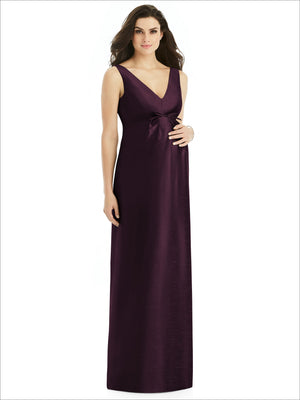 Deep plum sleeveless satin twill maternity maxi dress with V-neck and waist bow