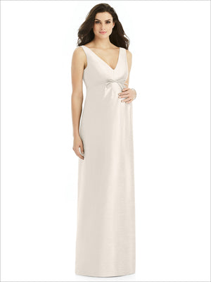 Cream sleeveless satin maternity dress with V-neck and side tie waist