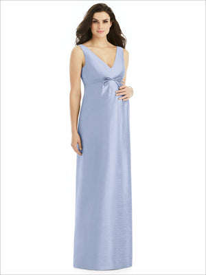 Maternity satin twill dress, sleeveless powder blue V-neck with tie at bust