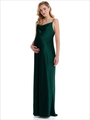 Dark green maternity slip dress with cowl neckline and spaghetti straps, relaxed fit