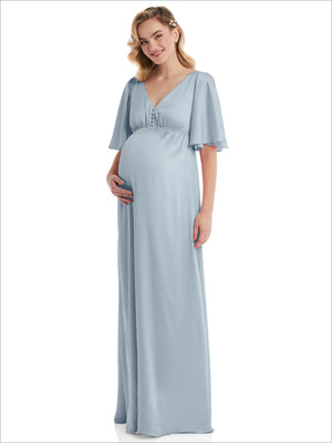 Empire maternity dress with bell sleeves in light blue, V-neck with gathered empire waist