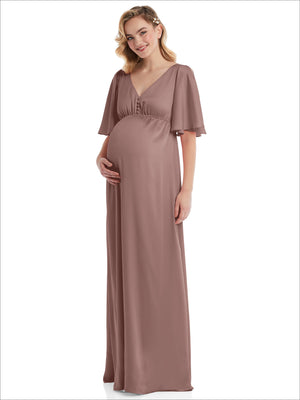 Dusty rose empire maternity dress with V-neck and flutter bell sleeves, front view