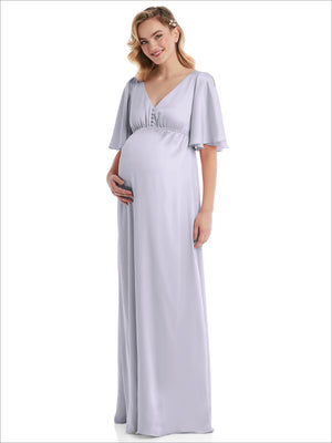 Light lavender maternity maxi dress with empire waist, ruched bust, and flutter bell sleeves