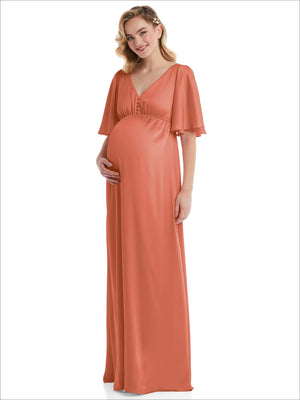 Maternity empire-waist dress in terracotta orange with V-neck and flutter bell sleeves