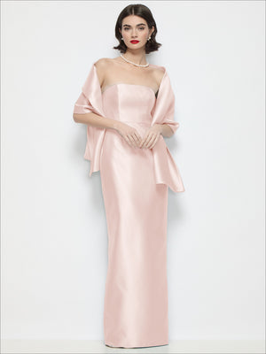 Blush satin wrap stole with loose drape and smooth sheen over the shoulders
