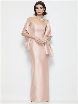 Satin wrap stole in blush pink, flowing shawl sleeve drape with ribbon trim