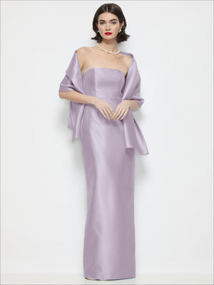 Lilac satin wrap stole with soft shoulder cowl and flowing ribbon tie ends