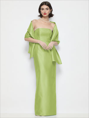 Satin wrap stole, light lime green off-shoulder wrap with cape-like sleeves