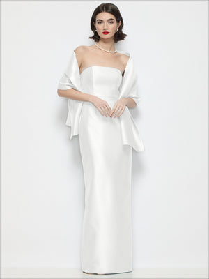 Ivory satin wrap stole, centered drape with ribbon ends over the shoulders