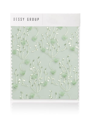 Celadon 3D trellis sequin embroidery swatch with raised floral branch pattern