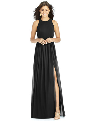 Black halter maxi dress with jewel neck, shirred waist, and front slit