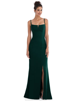 Evergreen crepe trumpet gown with thin straps, square notch neckline, front slit