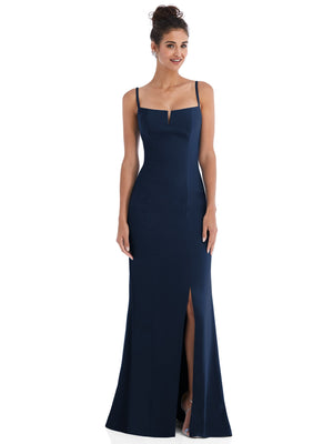 Midnight navy crepe trumpet gown with thin straps, notch neckline, and front slit