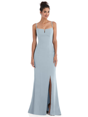 Light blue crepe trumpet gown with thin straps, notch neckline, and front slit