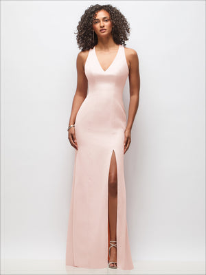 Blush pink maxi dress with V-neck, sleeveless cut, and front slit