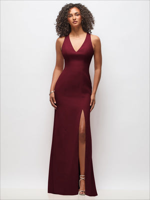 Burgundy V-neck sleeveless maxi dress with criss-cross cutout back and front slit
