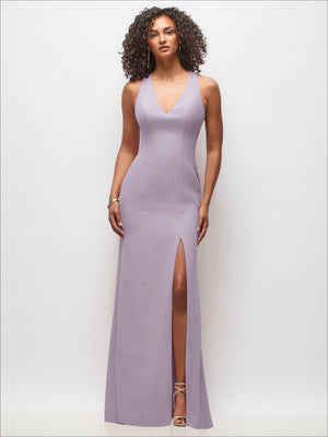 Sleeveless lilac maxi dress with V-neck and front slit