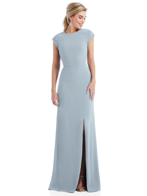 Light blue cap-sleeve trumpet gown with open back and front slit