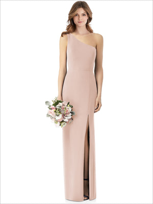 One-shoulder crepe trumpet gown with front slit, blush pink tone sleeveless