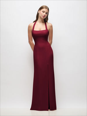 Burgundy tie halter open-back trumpet gown with straight skirt and center slit