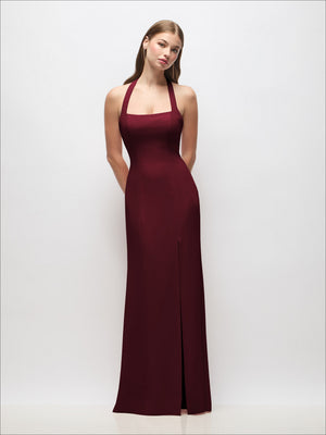 Burgundy tie halter trumpet gown with open back and fitted column silhouette