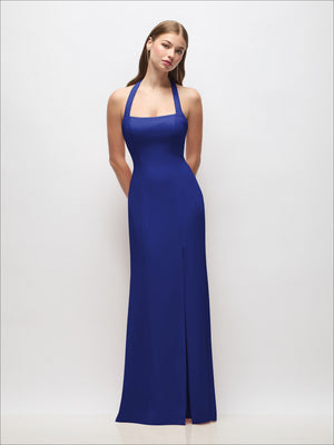 Royal blue halter open-back trumpet gown, floor-length with slit hem