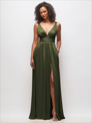 Olive green deep V-neck maxi dress with shirred waist and long skirt with slit