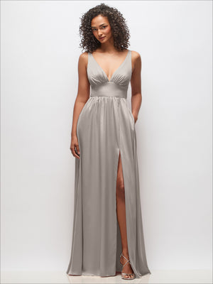 Light gray deep V-neck maxi dress with shirred waist and convertible spaghetti straps