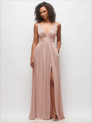 Blush pink maxi dress with deep V-neck, shirred bodice, and front slit with thin straps