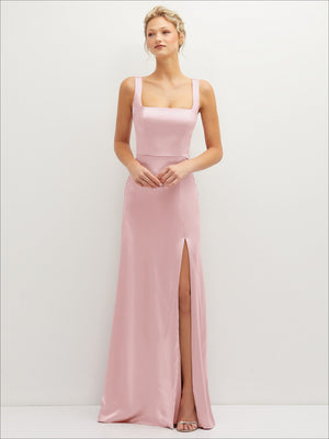 Square-neck satin A-line maxi dress in ballet pink with front slit and wide straps