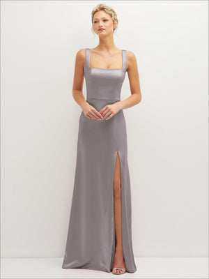 Square-neck satin A-line maxi dress, sleeveless nude gray with front slit