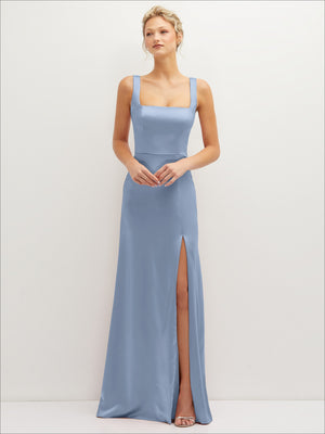 Powder blue satin A-line maxi dress with square neckline and front slit