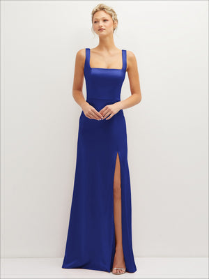 Square-neck satin A-line maxi dress in cobalt blue with front slit and wide straps