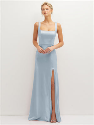Light blue satin A-line maxi dress with square neckline and front slit seam