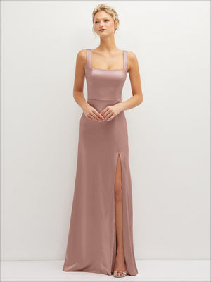 Square-neck satin A-line maxi dress with spaghetti straps and front slit, mauve pink