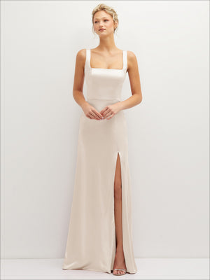 Square-neck satin A-line maxi dress in off-white with thin straps and front slit