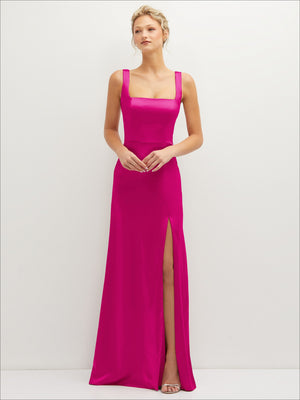 Square-neck satin A-line maxi dress in magenta with front slit and wide straps