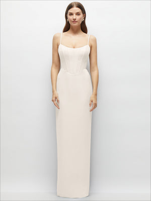 Ivory corset-style crepe maxi dress with adjustable spaghetti straps, column silhouette