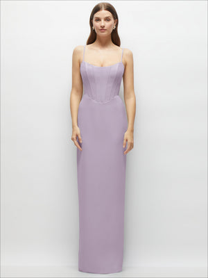 Corset-style crepe column maxi dress, adjustable thin straps, square neckline, lavender.