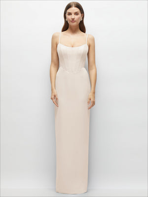 Corset-style crepe column maxi dress in ivory with adjustable spaghetti straps and smooth fitted shape