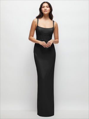 Black corset midriff crepe column maxi dress with spaghetti straps and fitted waist