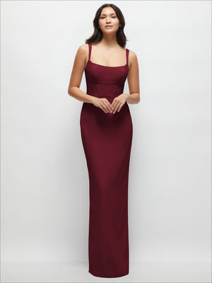 Burgundy crepe maxi dress with corset bodice, square neckline, spaghetti straps
